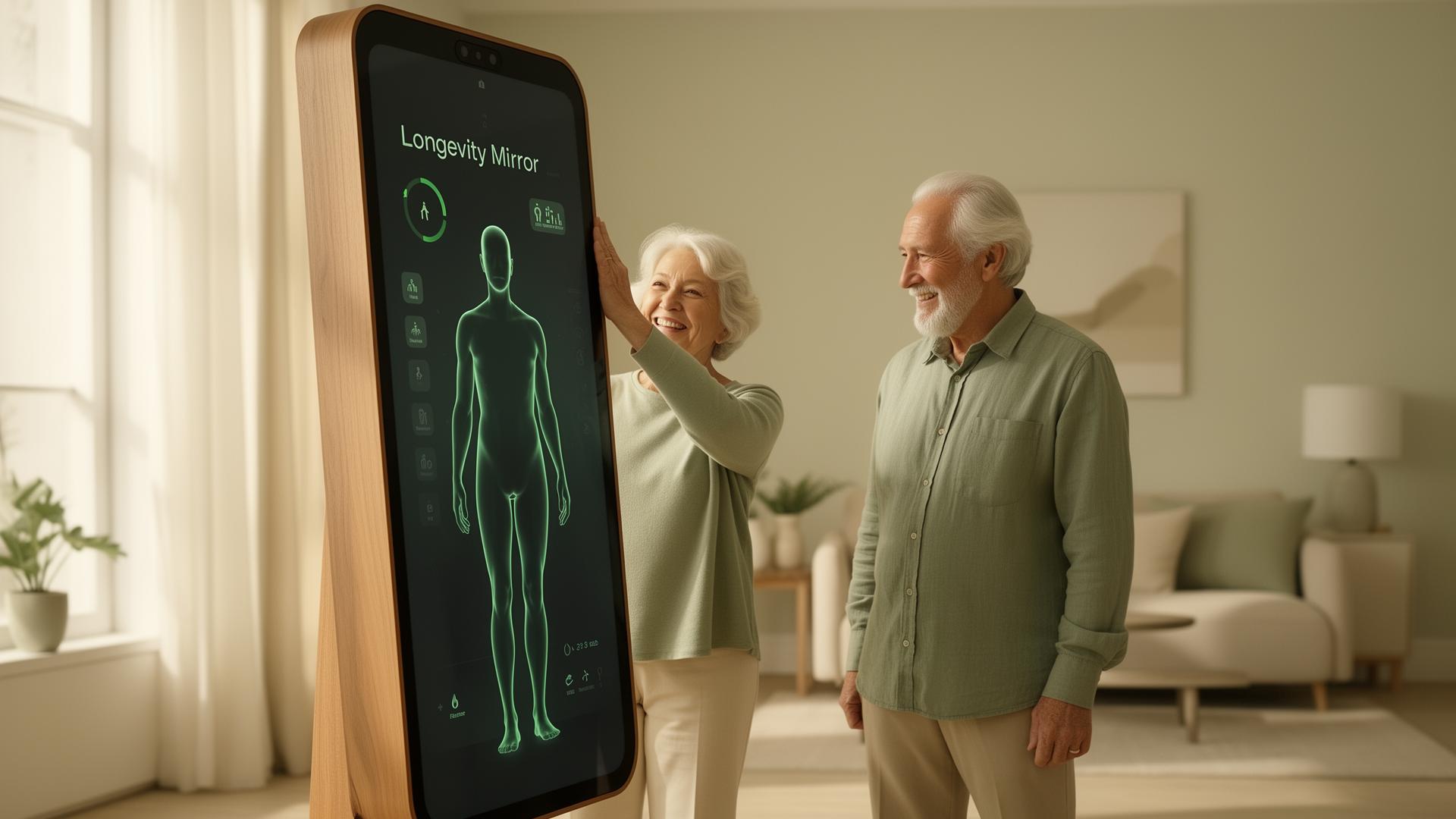 Una coppia di anziani felici utilizza Longevity Mirror a casa
